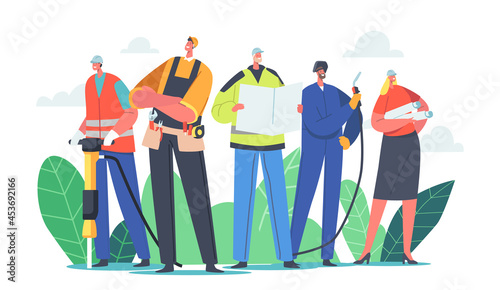 Industrial Workers Team Male and Female Characters. Builder, Engineer or Foreman with Tools and Blueprint, Architect