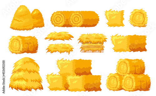 Set Icons Bale of Hay Different Shapes and Sizes Isolated on White Background. Dried Rolled and Block Haystack, Haymow