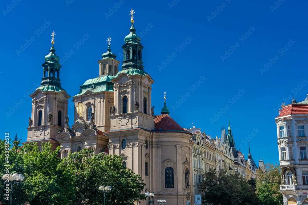Beautiful church in Prague clock square Czechia