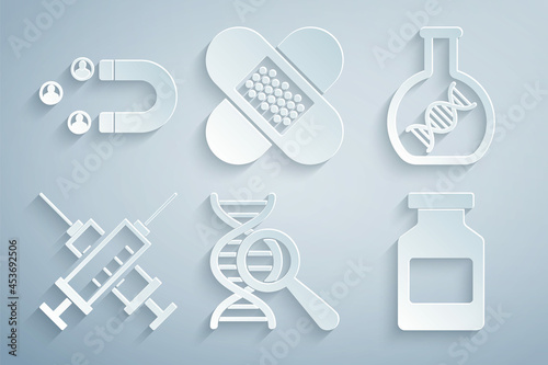 Set DNA research, search, , Crossed syringe, Medicine bottle, bandage plaster and Customer attracting icon. Vector