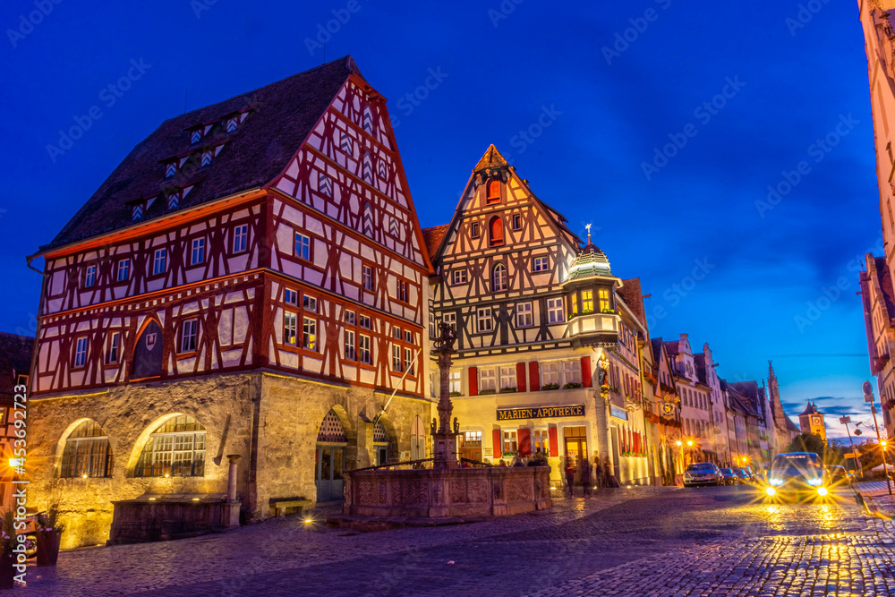 ROTHENBURG OB DER TAUBER, GERMANY, 26 JULY 2020 Beautiful illuminated square of the historic center at night