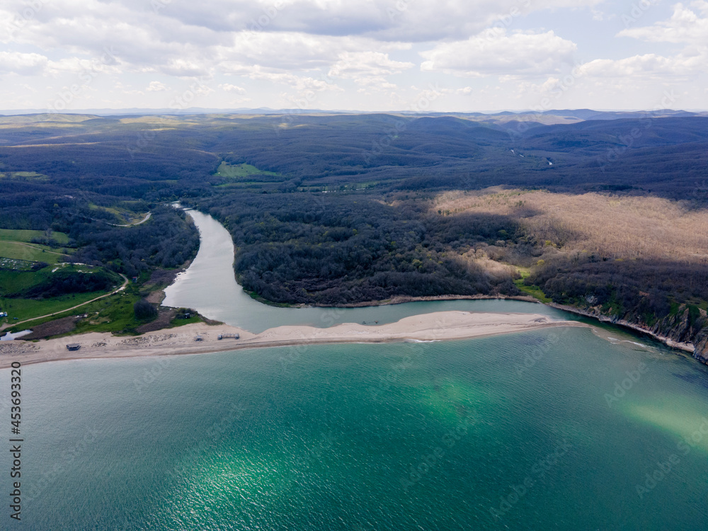 Aerial view of beach at the mouth of the Veleka River, Bulgaria Aerial view of beach at the mouth of the Veleka River, Bulgaria