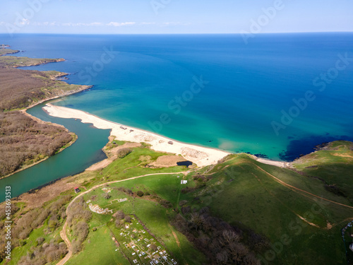 Aerial view of beach at the mouth of the Veleka River, Bulgaria