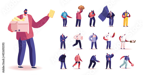 Set of Male Characters Holding Cheese, Bakery and Bread, Playing Bowling, Walk with Child, Carry Flag, Keys, Wear Shirt