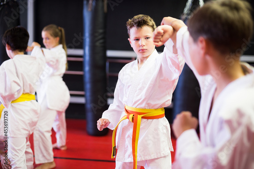 Young boys training in pair to use karate technique during class