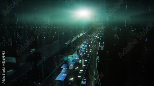 Digital presentation of the autonomous cars self-driving concept in the traffic jam on multi-level highway of the big city, view from above.