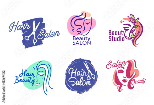 Set of Hair or Beauty Salon Logo  Isolated Labels for Barbershop  Women Parlor Haircut Service Emblems or Icons  Banners