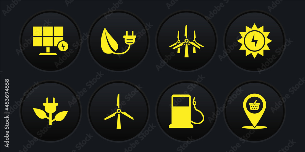 Set Electric saving plug in leaf, Solar energy panel, Wind turbine, Petrol or Gas station, turbines, Location shopping basket and icon. Vector