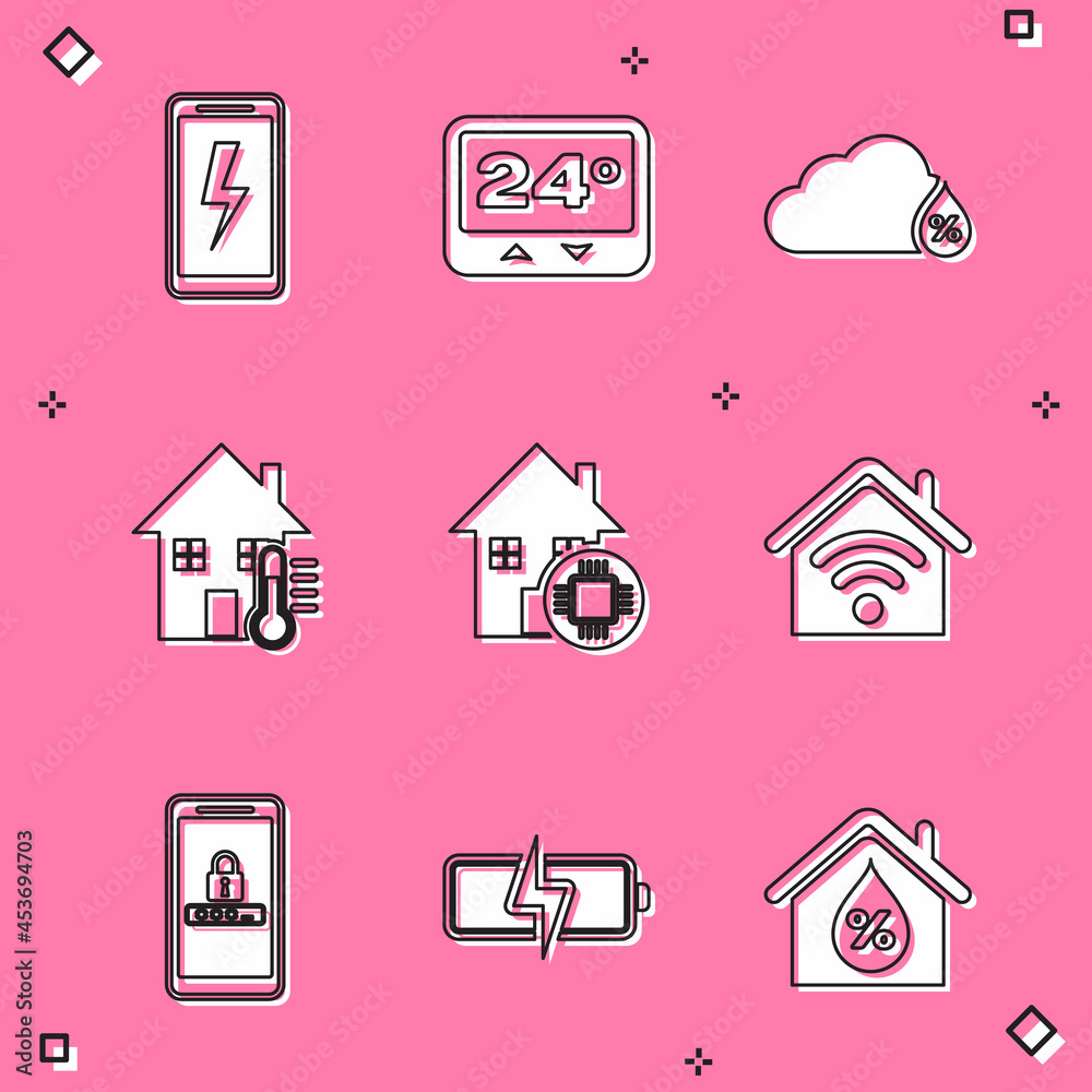Set Mobile charging battery, Thermostat, Humidity, House temperature, Smart home, with wi-fi, and password protection and Battery icon. Vector Set Mobile charging battery, Thermostat, Humidity, House temperature, Smart home, with wi-fi, and password protection and Battery icon. Vector