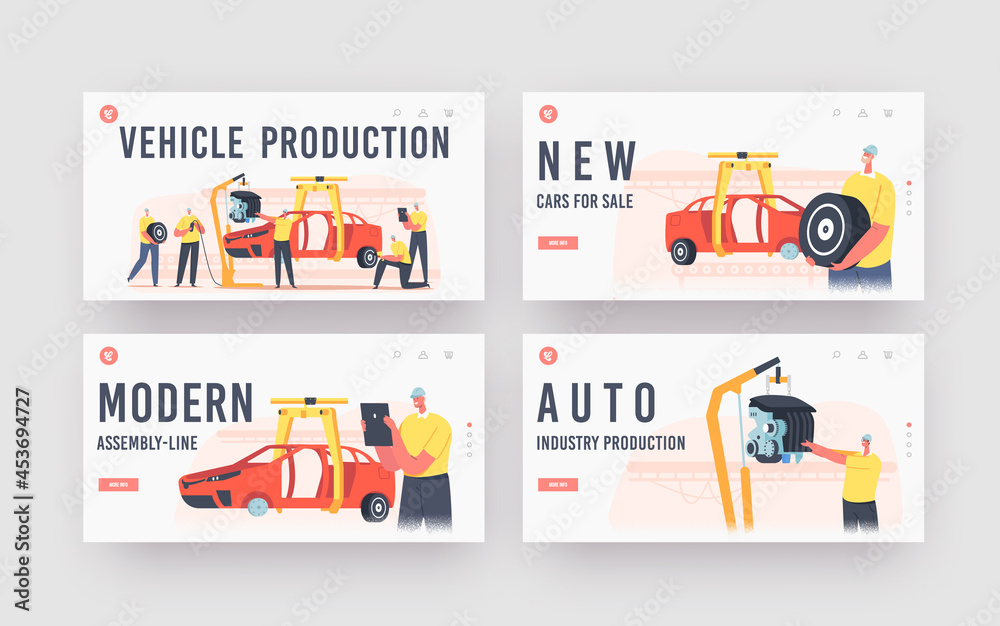 Vehicle Production Landing Page Template Set. Workers Characters on Car Production Line on Plant, Manufacture