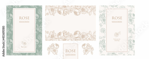 Garden roses flowers with leaves and butterflies. Three-part invitation card templates set. Floral print. Vector illustration. For postcards, invitations, flyers, menus, advertisements, web, etc.