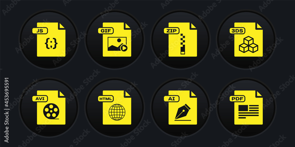 Set AVI file document, 3DS, HTML, AI, ZIP, GIF, PDF and JS icon. Vector Set AVI file document, 3DS, HTML, AI, ZIP, GIF, PDF and JS icon. Vector