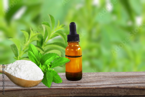 fresh green Stevia rebaudiana herbal extract powder and liquid extract in wooden spoon and glass bottle  photo