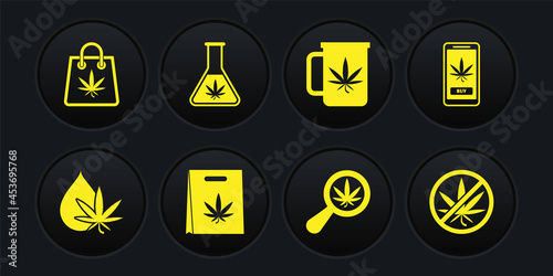 Set Marijuana or cannabis leaf oil, Online buying marijuana, Shopping bag of, Magnifying glass and, Cup tea with, Test tube, Stop and icon. Vector