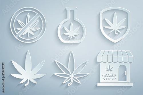 Set Marijuana or cannabis leaf, Shield and marijuana, store, Test tube with and Stop icon. Vector
