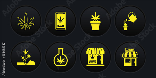 Set Planting marijuana, Watering can, Test tube with, Marijuana and cannabis store, plant pot, Online buying, and leaf icon. Vector