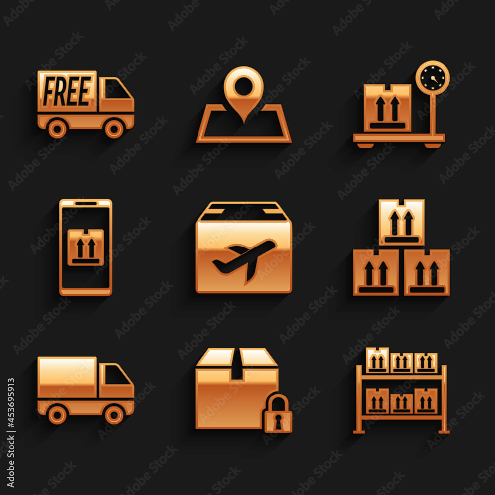 Set Plane and cardboard box, Locked package, Warehouse, Cardboard with traffic, Delivery cargo truck vehicle, Mobile app tracking, Scale and Free delivery service icon. Vector Set Plane and cardboard box, Locked package, Warehouse, Cardboard with traffic, Delivery cargo truck vehicle, Mobile app tracking, Scale and Free delivery service icon. Vector