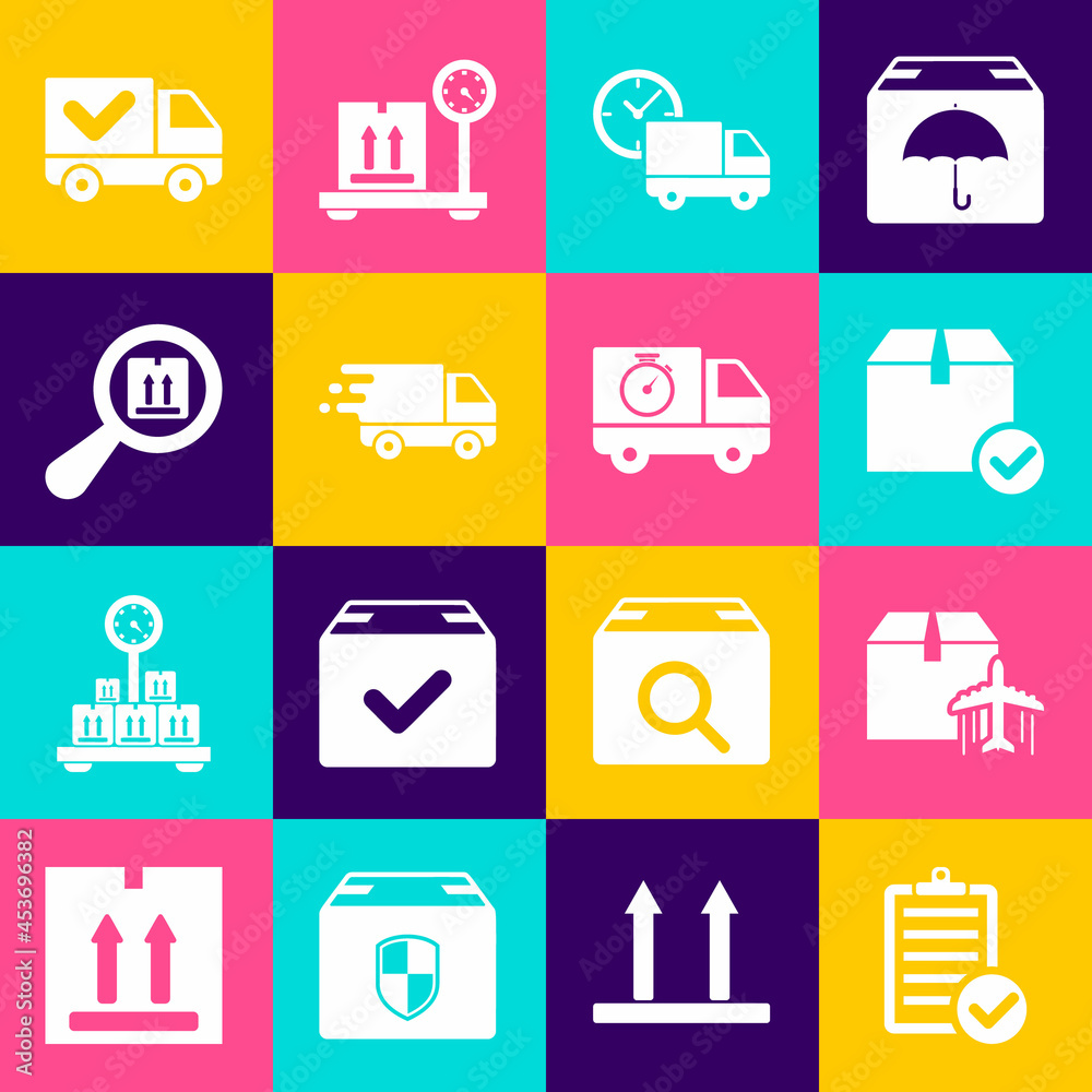 Set Verification of delivery list, Plane and cardboard box, Package with check mark, Delivery truck clock, in movement, Search package, and stopwatch icon. Vector Set Verification of delivery list, Plane and cardboard box, Package with check mark, Delivery truck clock, in movement, Search package, and stopwatch icon. Vector