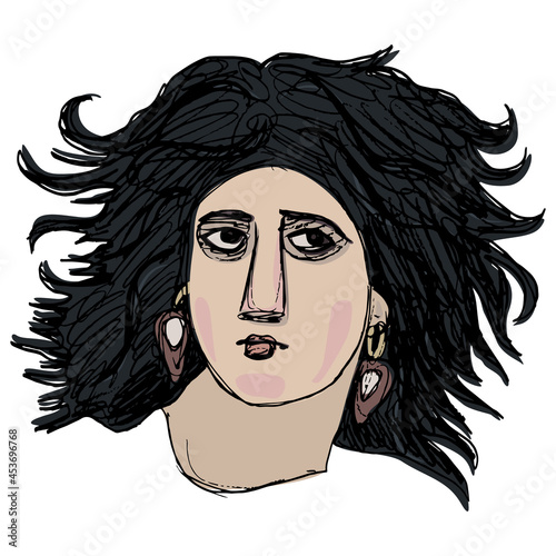Stylized head of a beautiful woman. Lady with dark disheveled hair and earrings. Antique goddess or female character. Hand drawn colorful rough sketch.