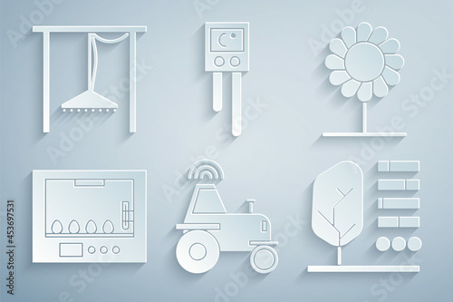 Set Wireless tractor on smart farm, Flower, Incubator for eggs, Plant status, Temperature and humidity sensor and Automatic irrigation sprinklers icon. Vector
