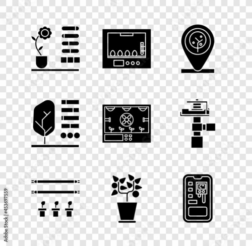 Set Flower status, Incubator for eggs, Location and tree, Smart farm with bulb plant, Plant in pot, control farming system, and technology icon. Vector