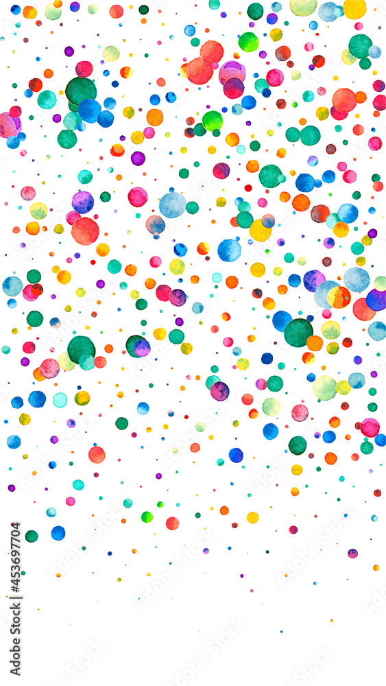 Watercolor confetti on white background. Alluring rainbow colored dots. Happy celebration high colorful bright card. Gorgeous hand painted confetti.