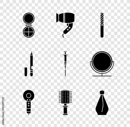 Set Makeup powder with mirror, Hair dryer, Nail file, Hairbrush, Perfume, Eyeliner, eyebrow and Syringe icon. Vector