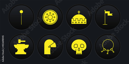 Set Anvil for blacksmithing hammer, Medieval flag, iron helmet, Skull, King crown, Round wooden shield, Old keys and chained mace ball icon. Vector