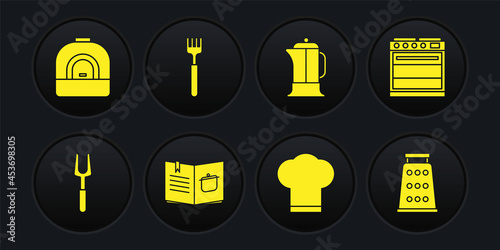 Set Barbecue fork, Oven, Cookbook, Chef hat, French press, Fork, Grater and icon. Vector