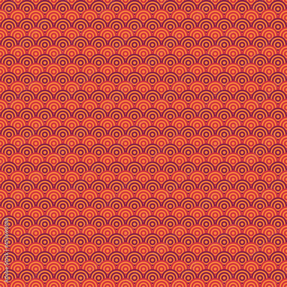 Seamless scales. Squamata pattern. Japan traditional ornament. Ethnic embroidery. Repeated scallops. Fish scale. Repeat scallop shapes. Japanese sashiko uroko motif. Squama tiles. Vector artwork.