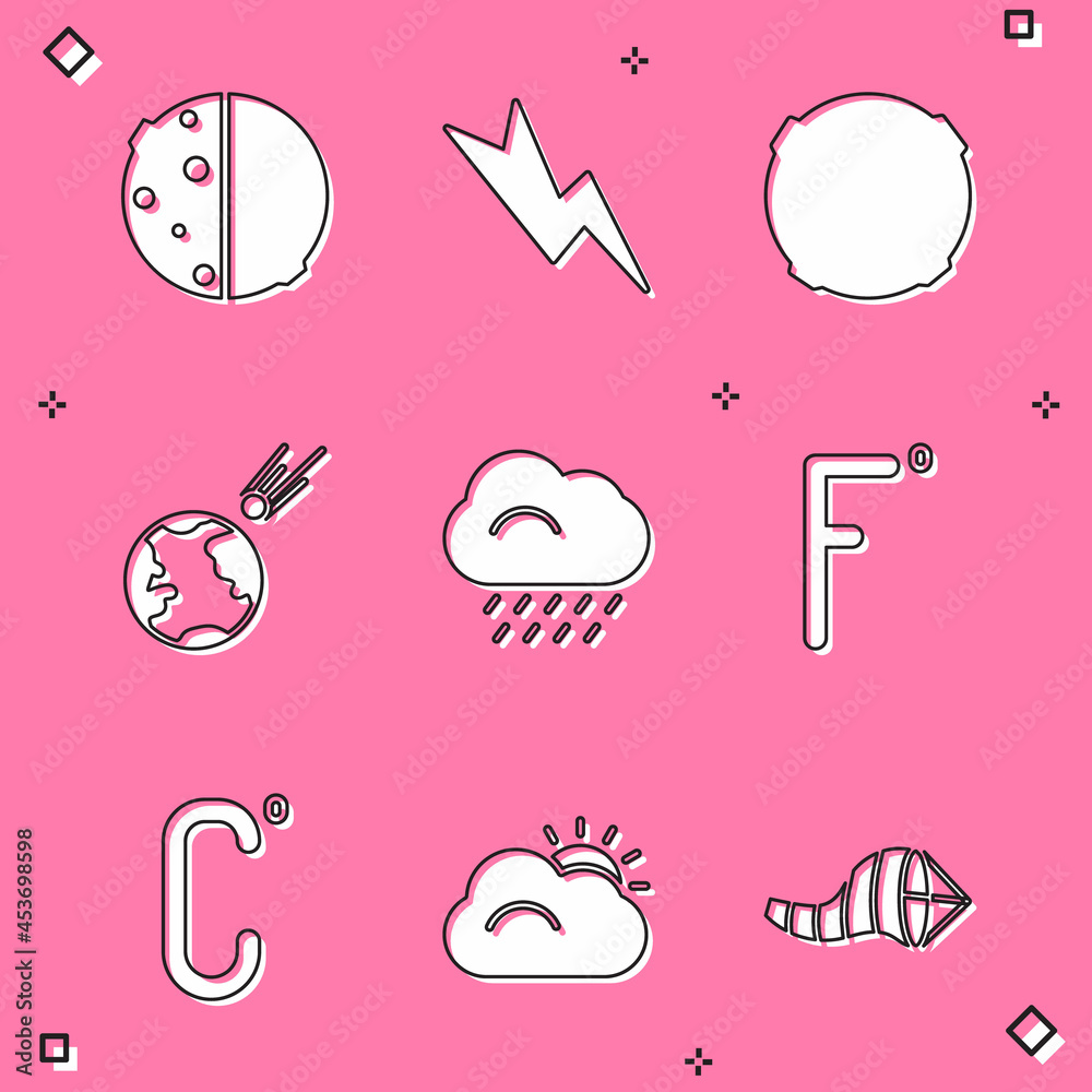 Set Eclipse of the sun, Lightning bolt, Moon, Comet falling down fast, Cloud with rain, Fahrenheit, Celsius and Sun and cloud icon. Vector Set Eclipse of the sun, Lightning bolt, Moon, Comet falling down fast, Cloud with rain, Fahrenheit, Celsius and Sun and cloud icon. Vector