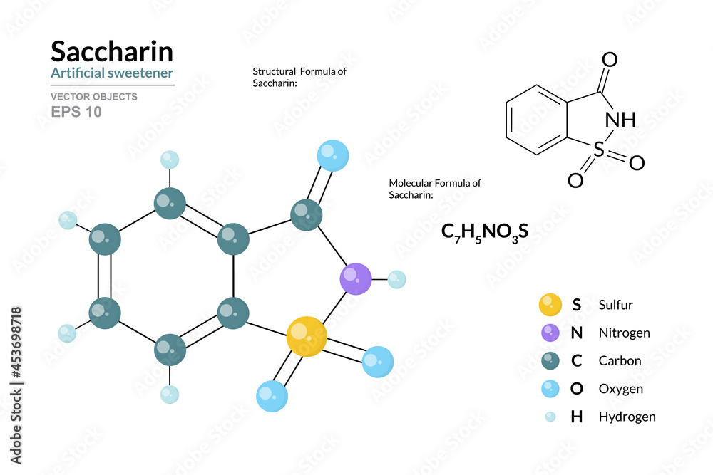 Saccharin. Artificial sweetener, sugar. Structural Chemical Formula and