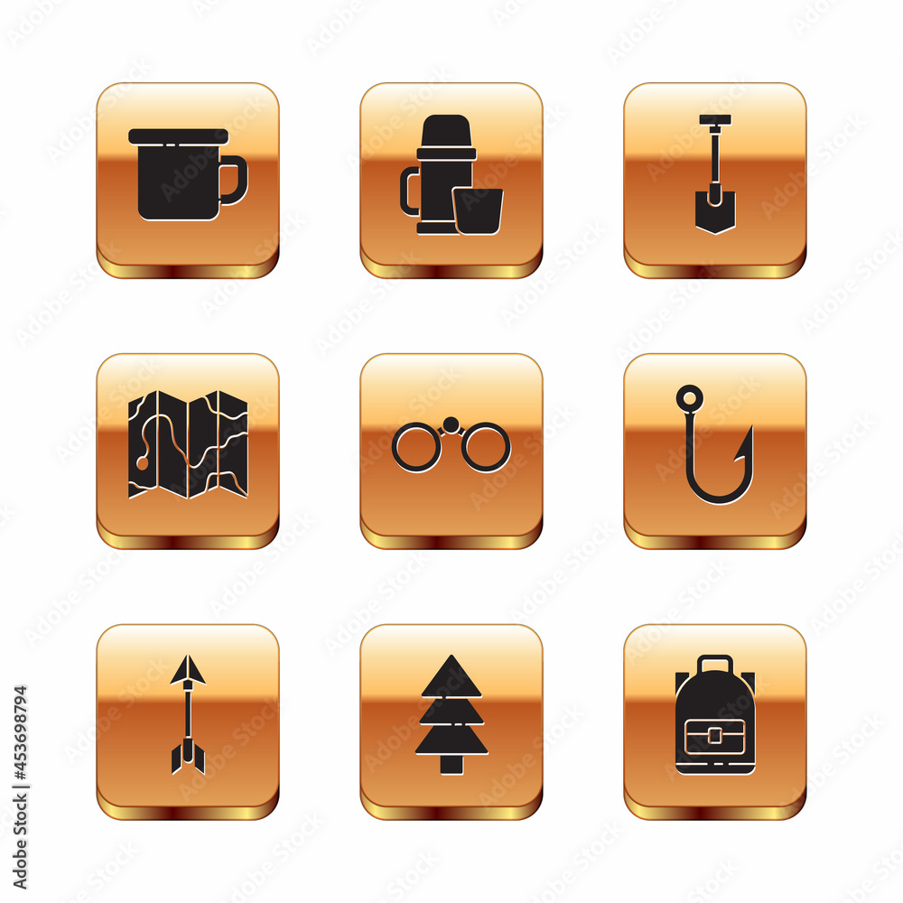 Set Camping metal mug, Hipster arrow, Tree, Binoculars, Location of the forest on map, Shovel, Hiking backpack and Thermos container and cup icon. Vector