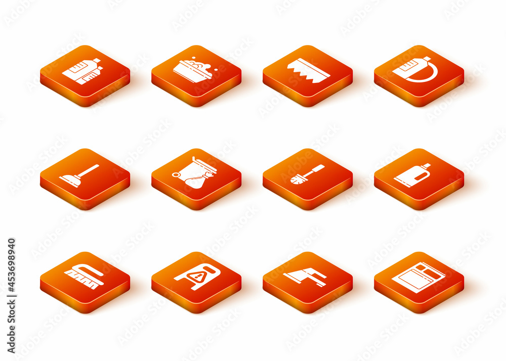Set Brush for cleaning, Wet floor and progress, Rubber plunger, Trash can garbage bag, Water tap, Toilet brush, Kitchen dishwasher machine and Fabric softener icon. Vector Set Brush for cleaning, Wet floor and progress, Rubber plunger, Trash can garbage bag, Water tap, Toilet brush, Kitchen dishwasher machine and Fabric softener icon. Vector