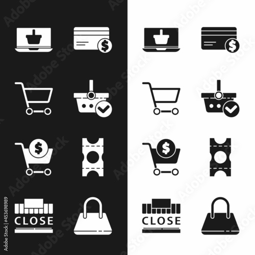 Set Shopping basket with check mark, cart, on laptop, Credit card and dollar, Coupon, Handbag and building text closed icon. Vector