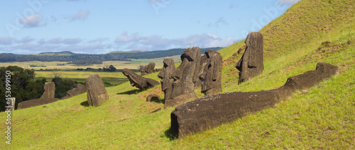 Moai stone sculptures at Rano Raraku, Easter island, Chile. photo