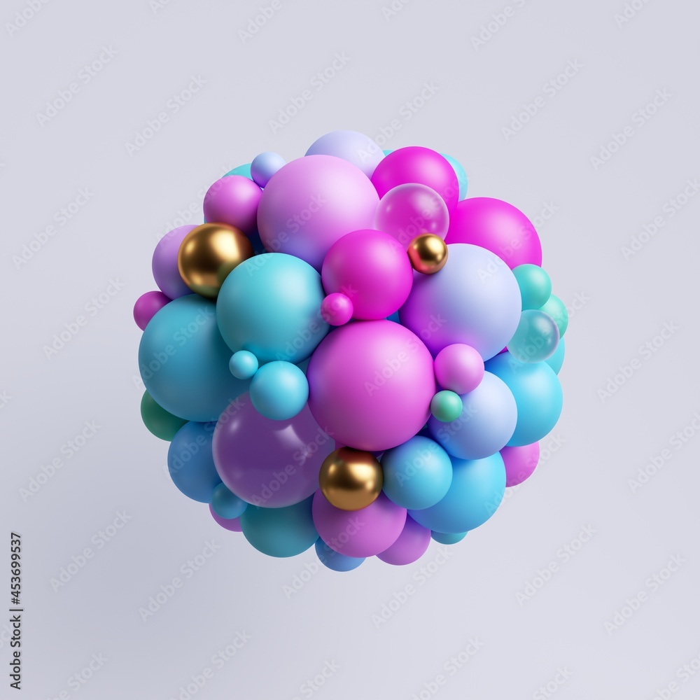 3d render, abstract geometric round shape made of colorful balls joined together. Pink blue gold particles, plastic toys, isolated elements 3d render, abstract geometric round shape made of colorful balls joined together. Pink blue gold particles, plastic toys, isolated elements