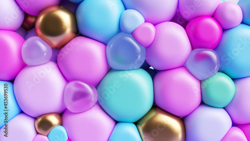 3d render  abstract background with assorted colorful bubbles and balloons stuck together. Simple geometric wallpaper