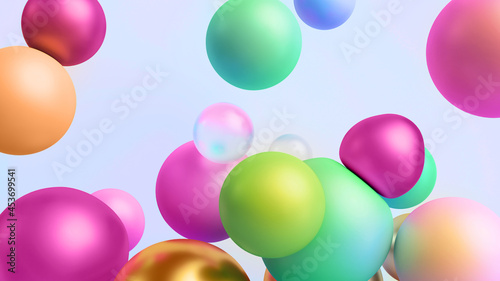Fototapeta Naklejka Na Ścianę i Meble -  3d rendering, abstract pink green glass and golden balls isolated on white background, assorted colorful particles macro. Modern minimal geometric wallpaper