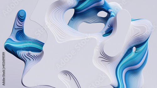 Fototapeta Naklejka Na Ścianę i Meble -  3d render, abstract modern white blue background with flat curvy shapes and wavy lines, marbling effect