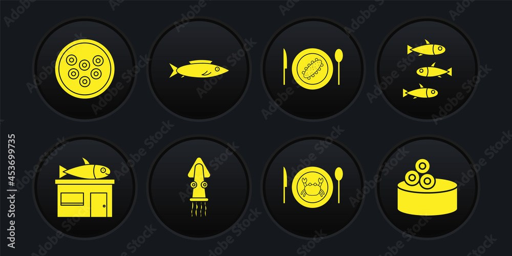 Set Seafood store, Fishes, Octopus, Served crab on plate, cucumber, Tin can with caviar and Caviar icon. Vector Set Seafood store, Fishes, Octopus, Served crab on plate, cucumber, Tin can with caviar and Caviar icon. Vector