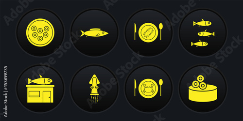 Set Seafood store, Fishes, Octopus, Served crab on plate, cucumber, Tin can with caviar and Caviar icon. Vector