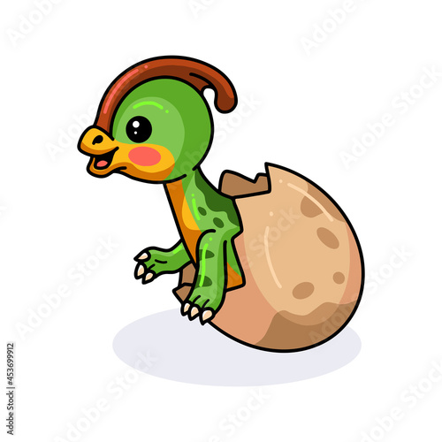 Cute little parasaurolophus dinosaur cartoon hatching from egg