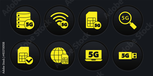 Set Sim card, Search 5G network, Globe Card, Laptop with, modem and Server icon. Vector