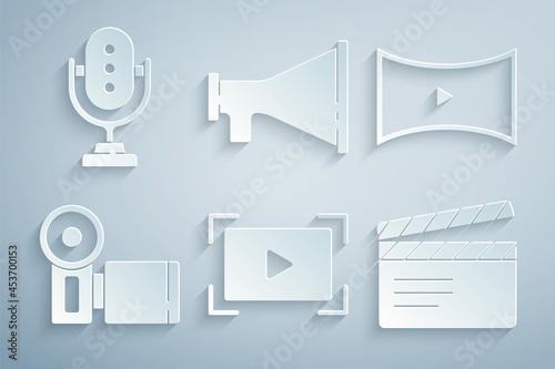 Set Online play video, Cinema camera, Movie clapper, Megaphone and Microphone icon. Vector