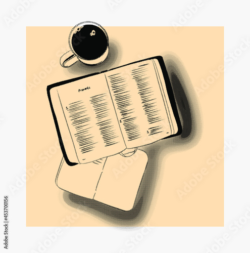 Morning prayer with Bible and coffee. Vector.