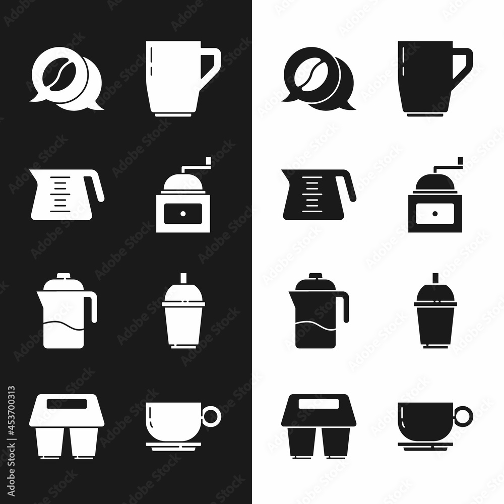 Set Manual coffee grinder, Coffee pot, and conversation, cup, French press, to go, and icon. Vector Set Manual coffee grinder, Coffee pot, and conversation, cup, French press, to go, and icon. Vector