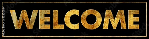Welcome inscription with gold texture on the black background. Golden vector illustration for poster, banner, flyer, mobile app. Luxury vector texture with glitter. 
