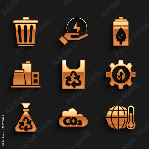 Set Plastic bag with recycle, CO2 emissions in cloud, Global warming, Leaf plant gear machine, Garbage, Factory, Eco nature leaf and battery and Trash can icon. Vector
