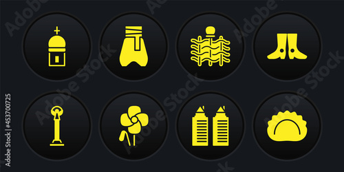 Set Monument of Independence, Ukrainian footwear, Poppy flower, Two towers Dnipro, Wicker fence, Cossack pants, Dumplings and Church icon. Vector